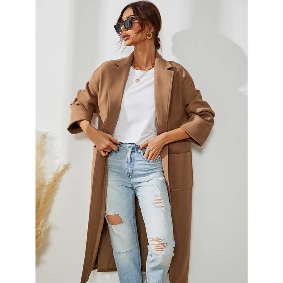 Camel tan brown pea coat Split Hem Overcoat - Picture 7 of 7